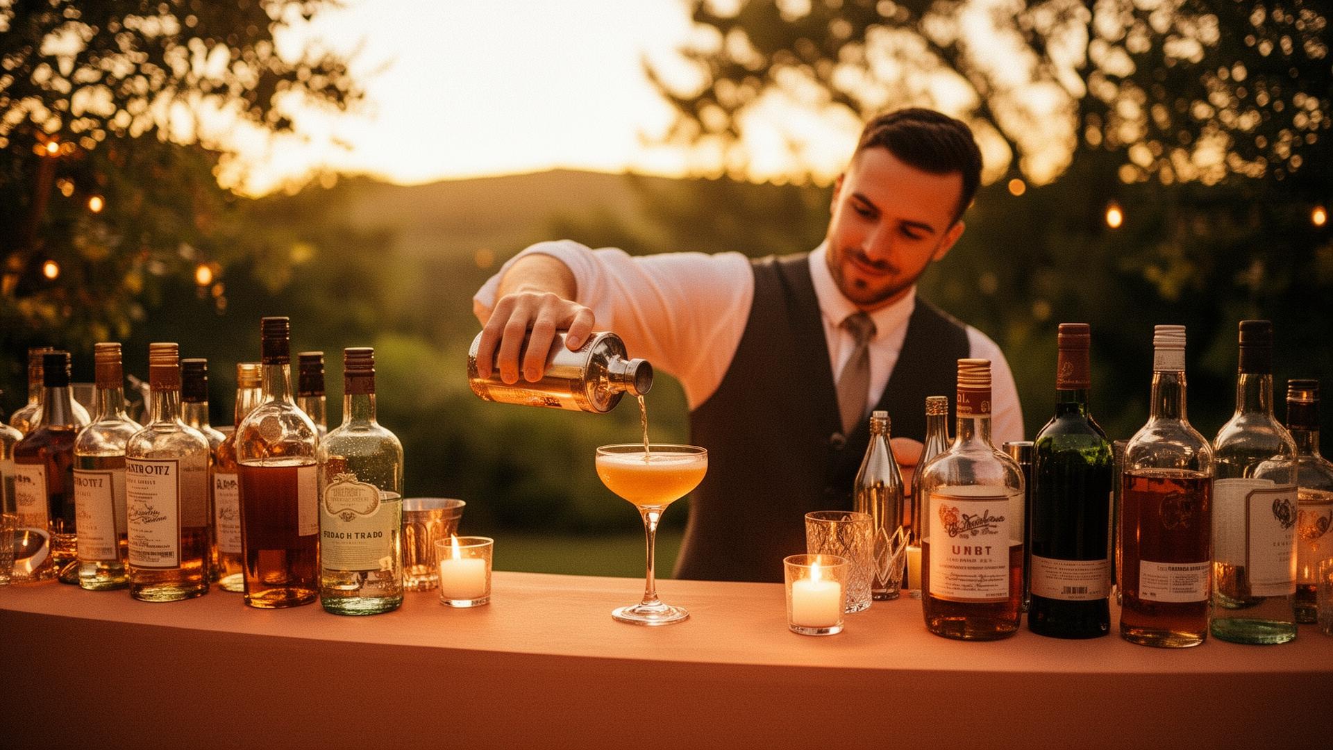 Bartender pouring a craft cocktail at an outdoor event bar at golden hour
